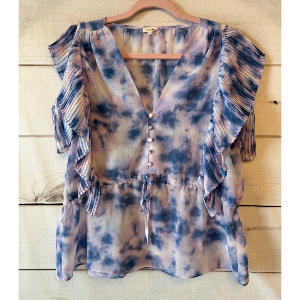 En Creme Tie Dye V-Neck Blouse with Pleated Ruffle Sleeves Purple Blue Medium